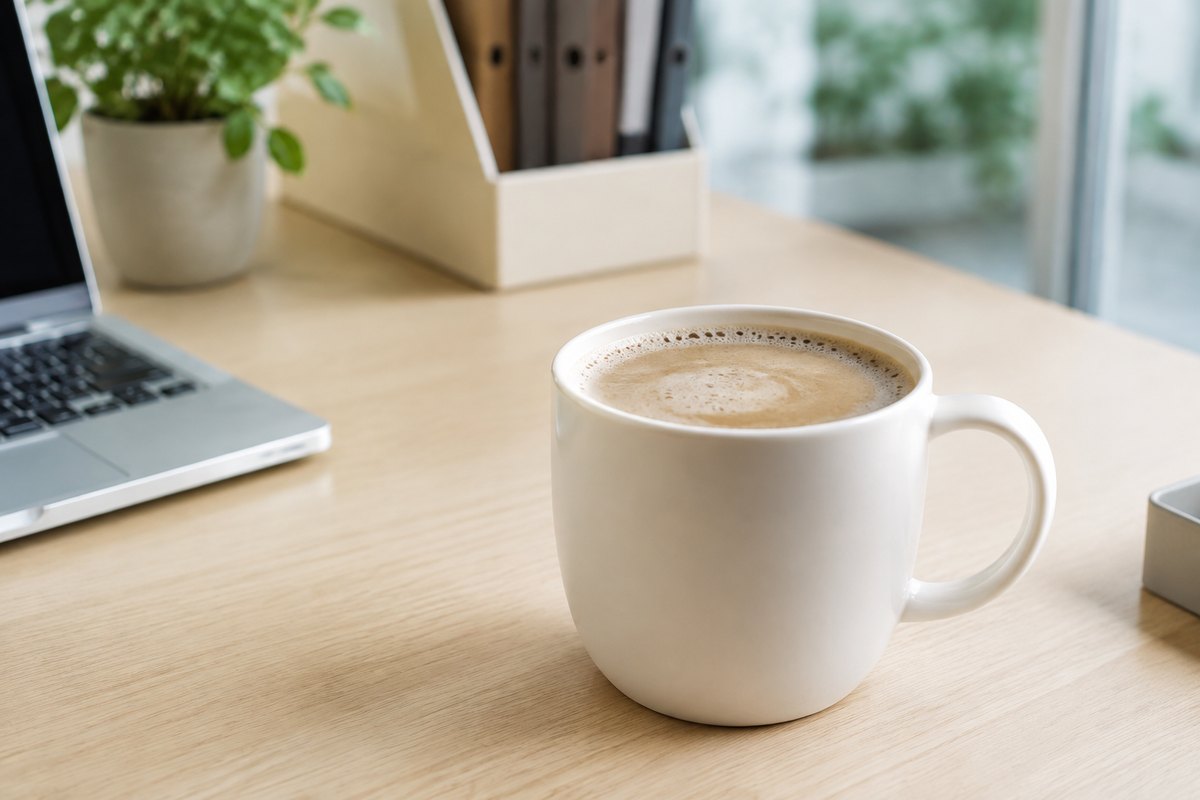 オフィスのデスクに置かれた泡立ちのあるほうじ茶ラテの提供イメージ