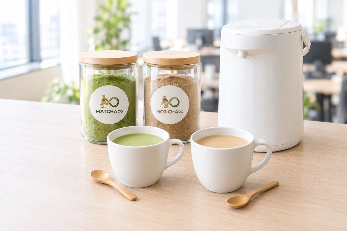 オフィスのカウンターに並んだMATCHA∞とHOJICHA∞の粉末の瓶、電気ポット、抹茶ラテとほうじ茶ラテのカップのイメージ