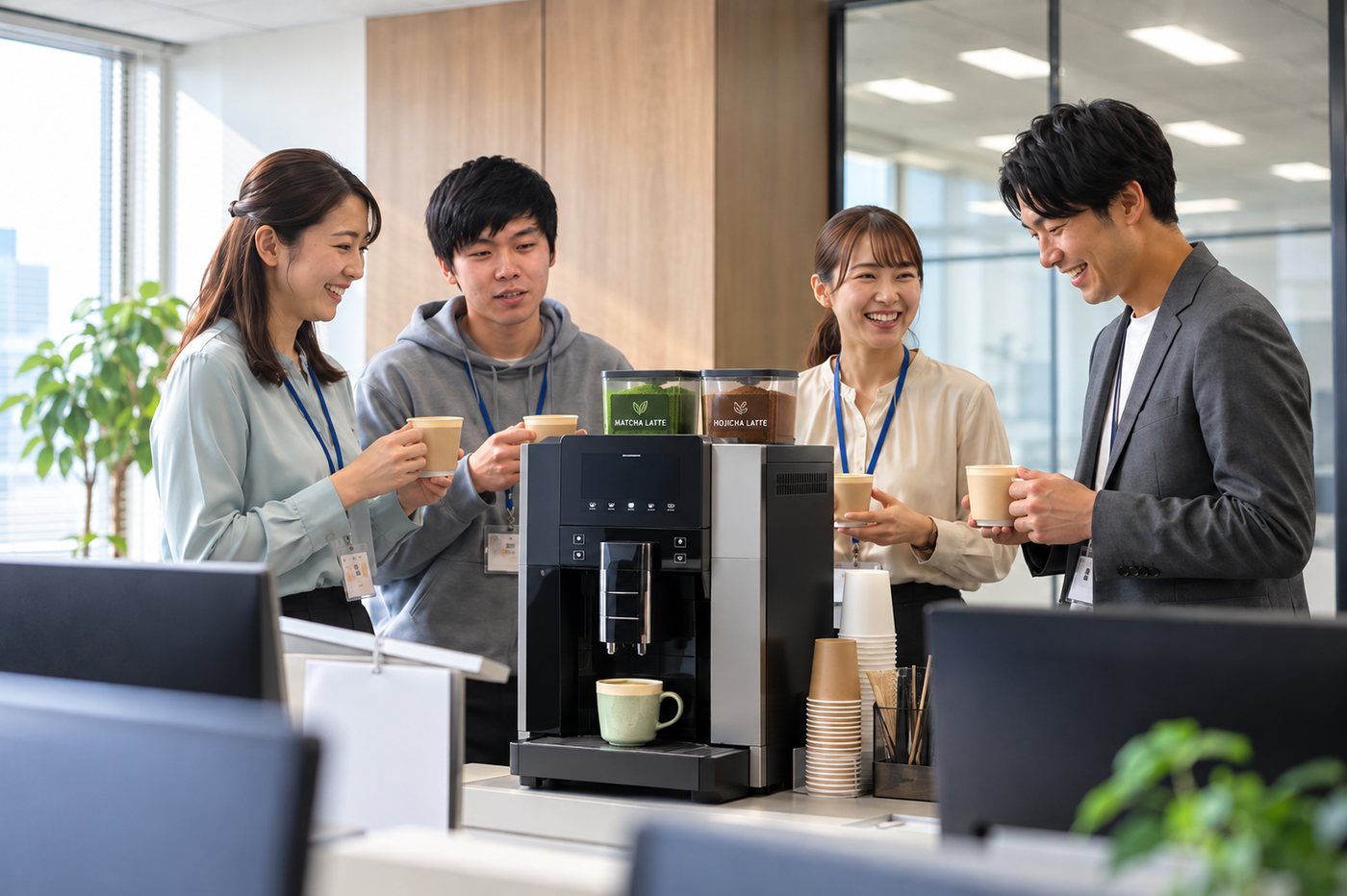 オフィスの給湯スペースに集まり、ラテを手に会話する人たちのイメージ