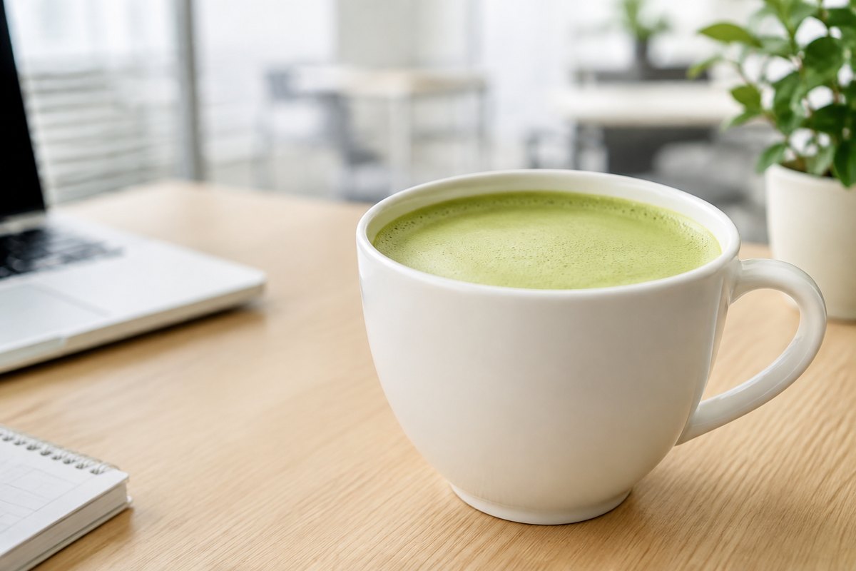 オフィスのデスクに置かれた泡立ちのある抹茶ラテの提供イメージ