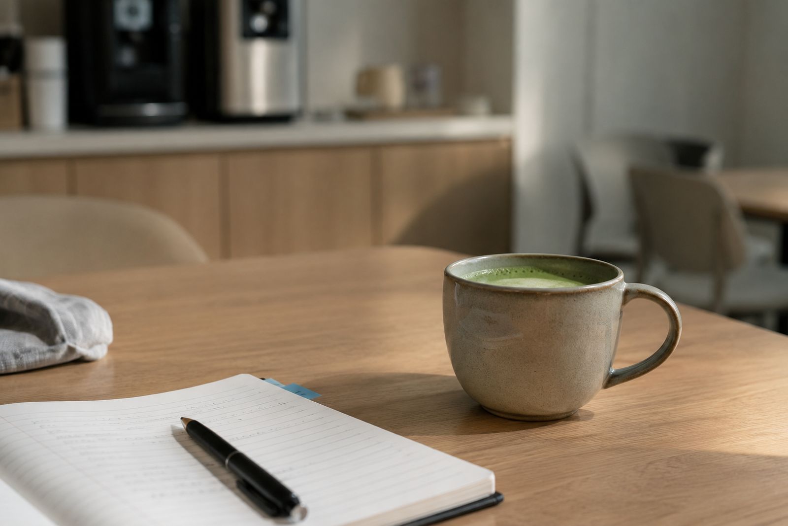 ノートを広げたオフィスのテーブルに置かれた抹茶ラテの提供イメージ